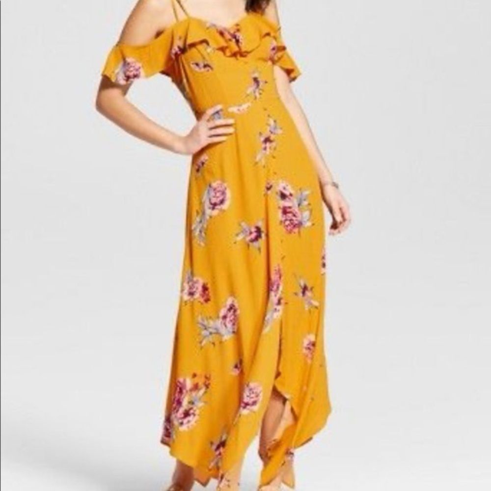 Xhilaration Floral Asymmetrical Ruffled Mustard Yellow Button Front Dress Medium